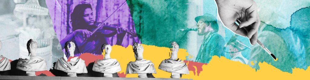 textured image with ceramic busts, violin player, band on stage, hand holding paintbrush