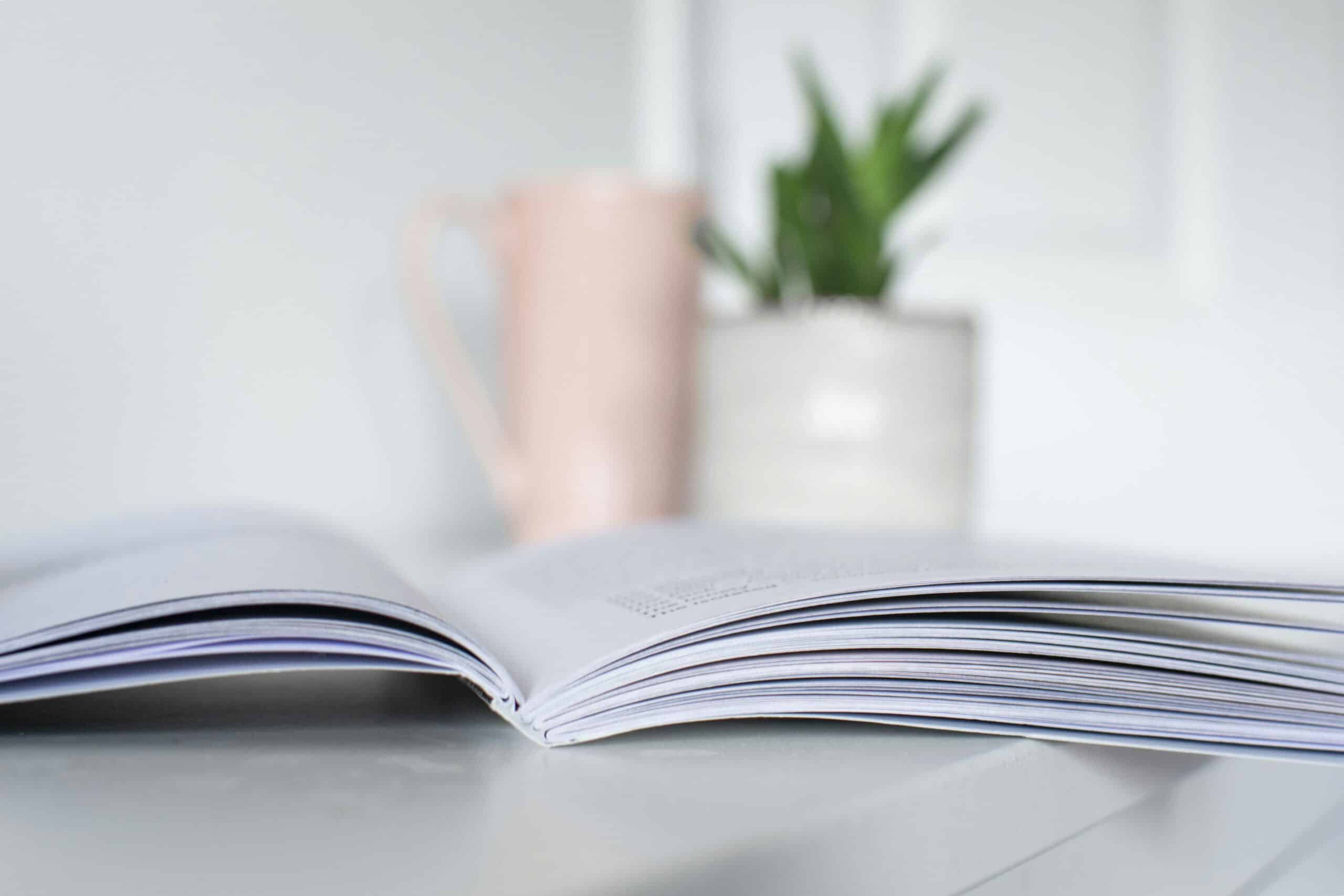 Booklet on table with vase