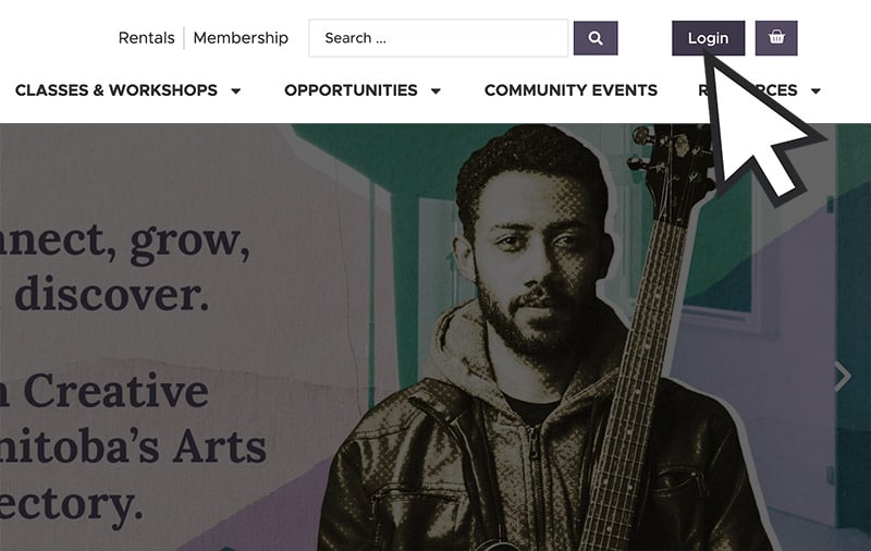 Screenshot of browser window with arrow cursor pointign to login button