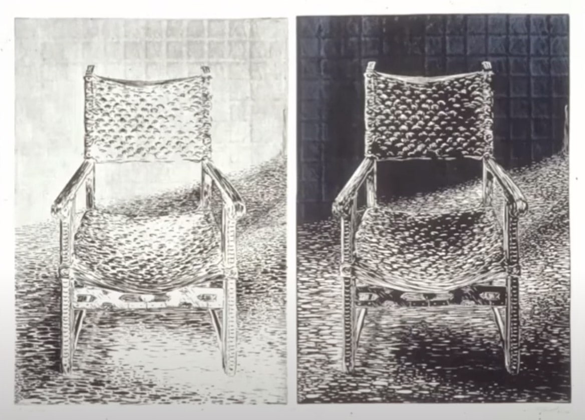 black and white artwork of two chairs
