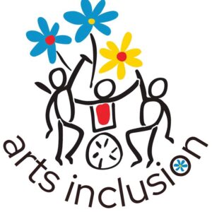 stick people holding flowers with text Arts Inclusion