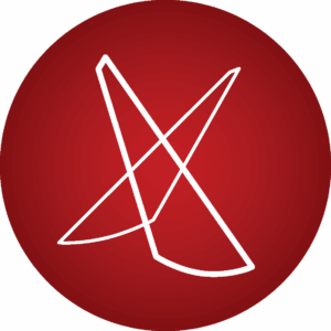 red circle with geometric white line shape