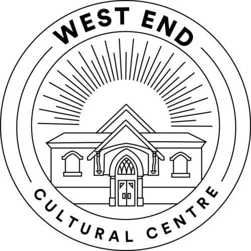 black line art logo of building with West End Cultural Centre