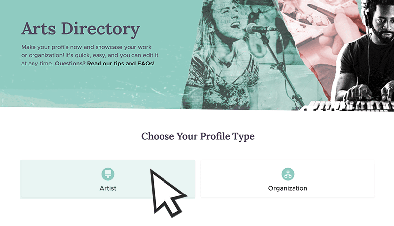 mouse cursor hovering over button that says Artist