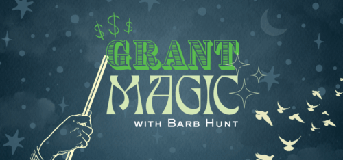 Deep blue graphic with stars and hand holding magic wand with text 'Grant Magic with Barb Hunt'