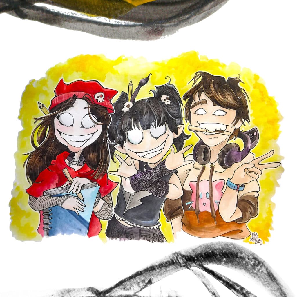 Artistic caricatures of three people smiling and facing camera