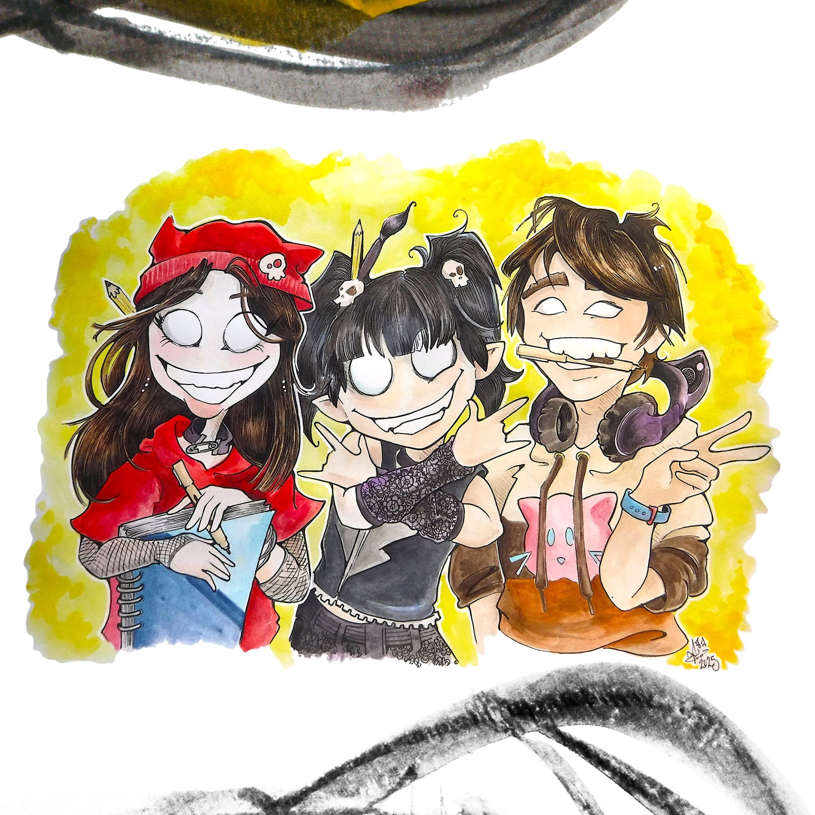 Artistic caricatures of three people smiling and facing camera