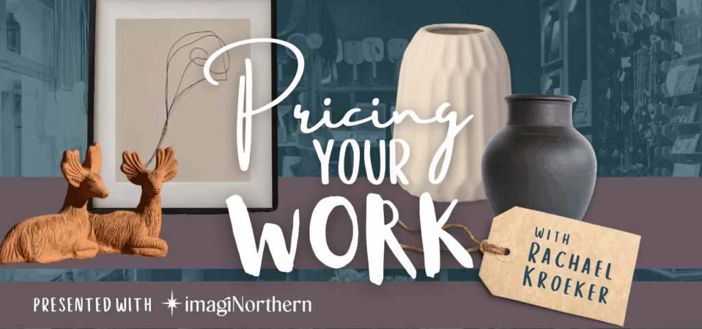 Blue toned graphic with ceramic vases and framed art on shelf. Text reads Pricing Your Work