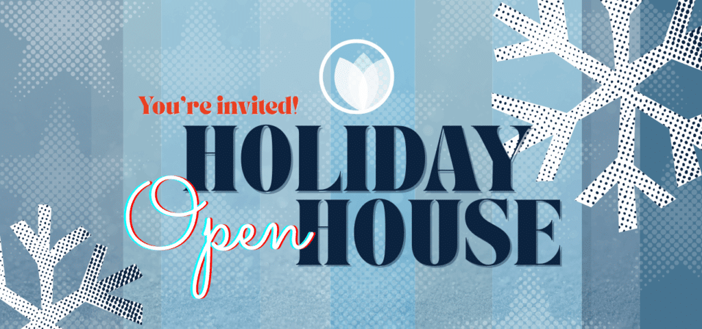 Blue graphic with snoflakes and text that reads You're Invited to Creative Manitoba's Holiday Open House
