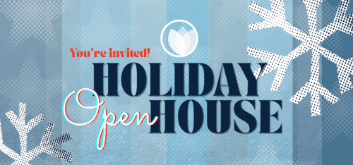 Blue graphic with snoflakes and text that reads You're Invited to Creative Manitoba's Holiday Open House