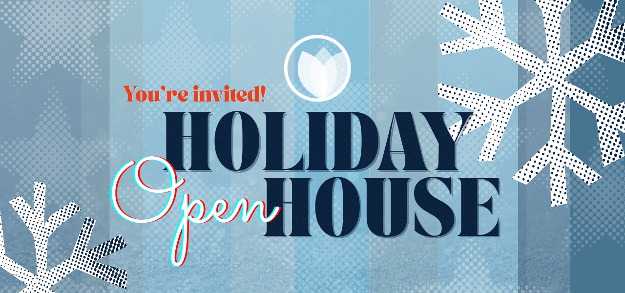 Blue graphic with snoflakes and text that reads You're Invited to Creative Manitoba's Holiday Open House