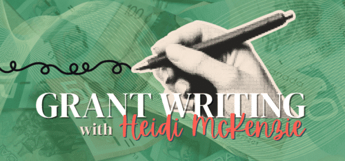 Green toned money background with halftone hand holding pen. Text reads Grant Writing with Heidi McKenzie