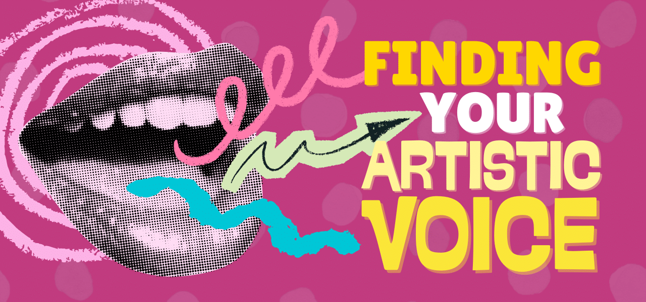 Pink graphic with open mouth with squiggly lines coming out of it. Headline reads Finding Your Artistic Voice.